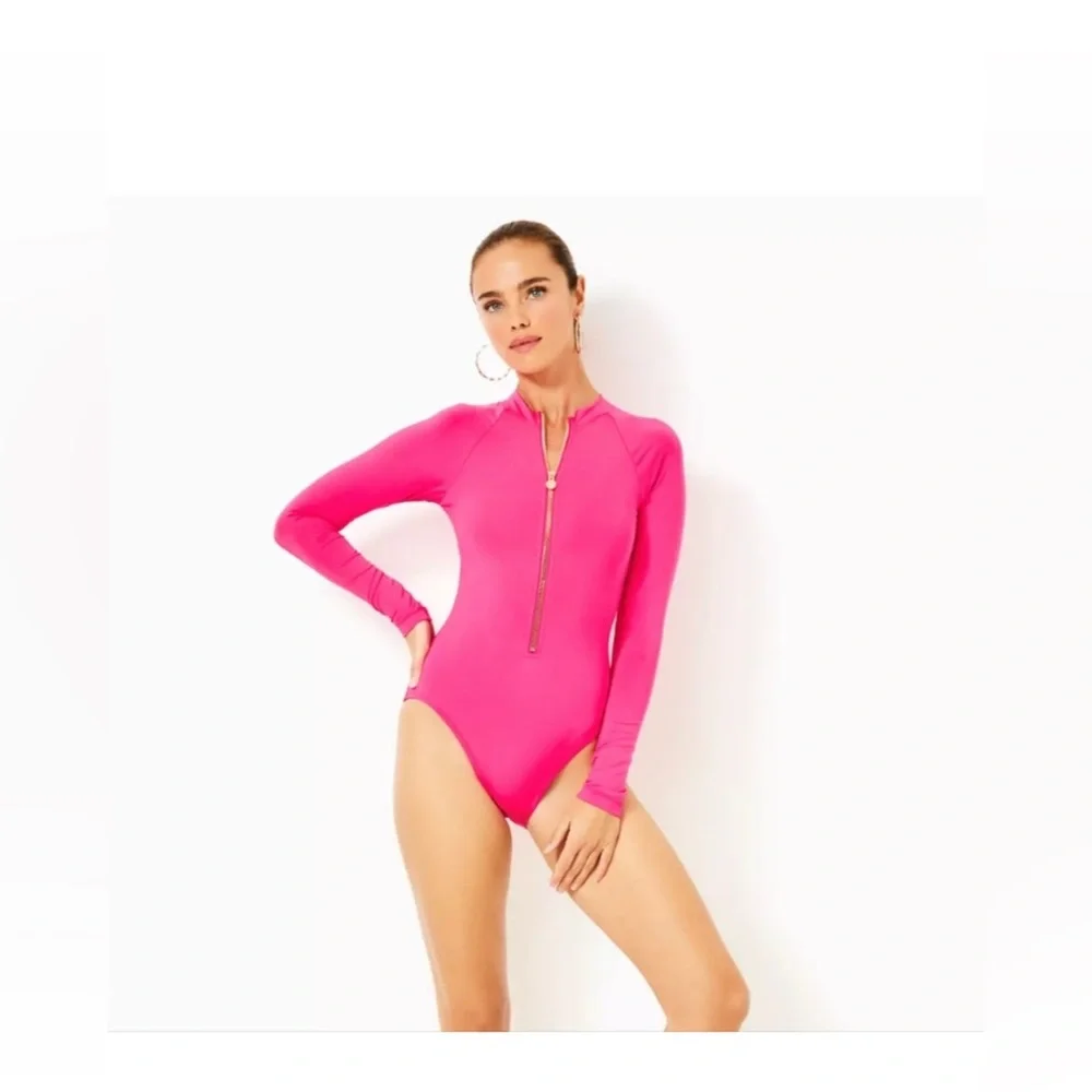 Lilly Pulitzer Hot Pink Long-Sleeve Zip One-Piece Swimsuit - Picture 4 of 5